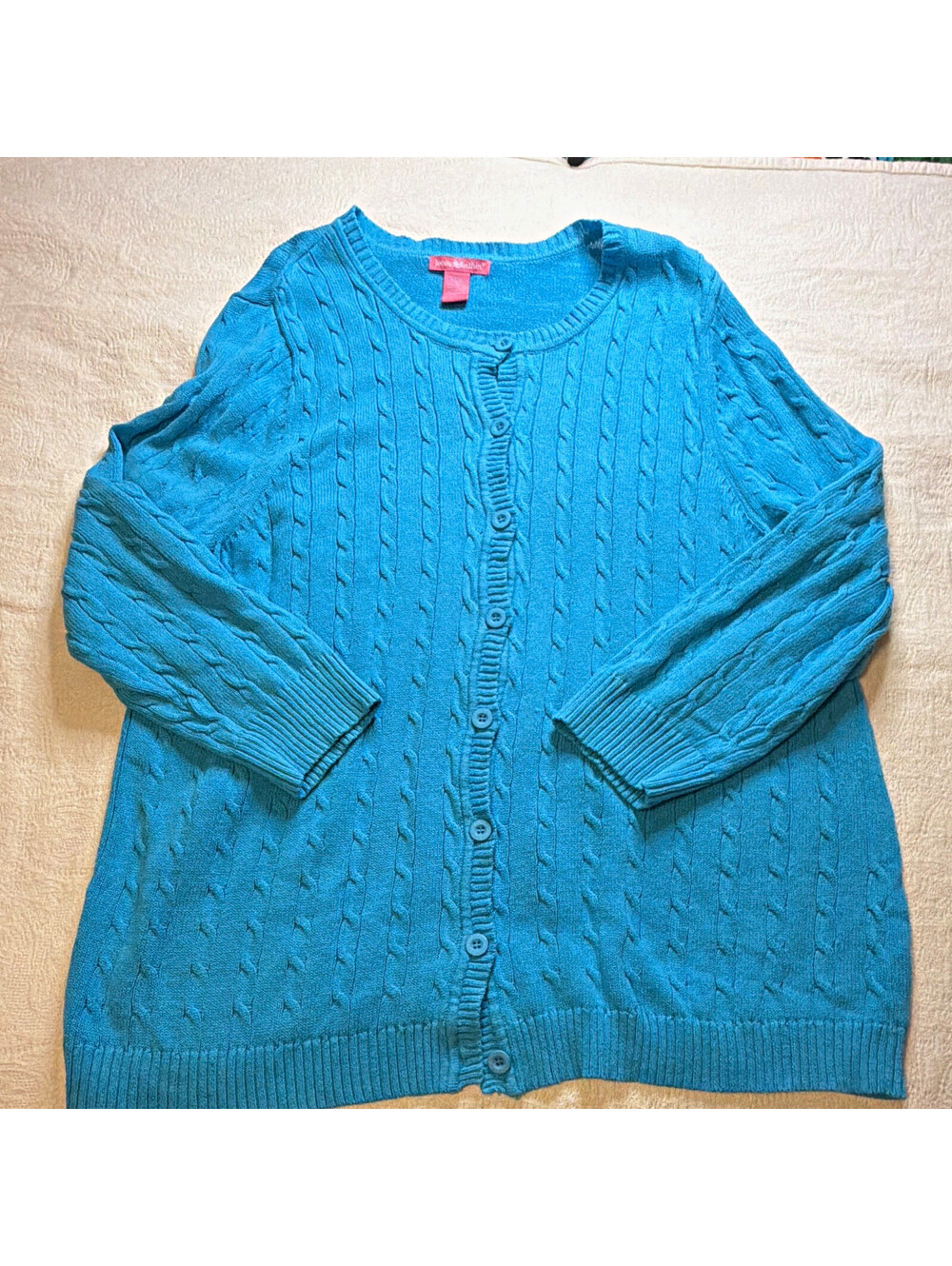 Woman Within Women's 3X Blue Cable-Knit Button-Front Crew Neck Cardigan